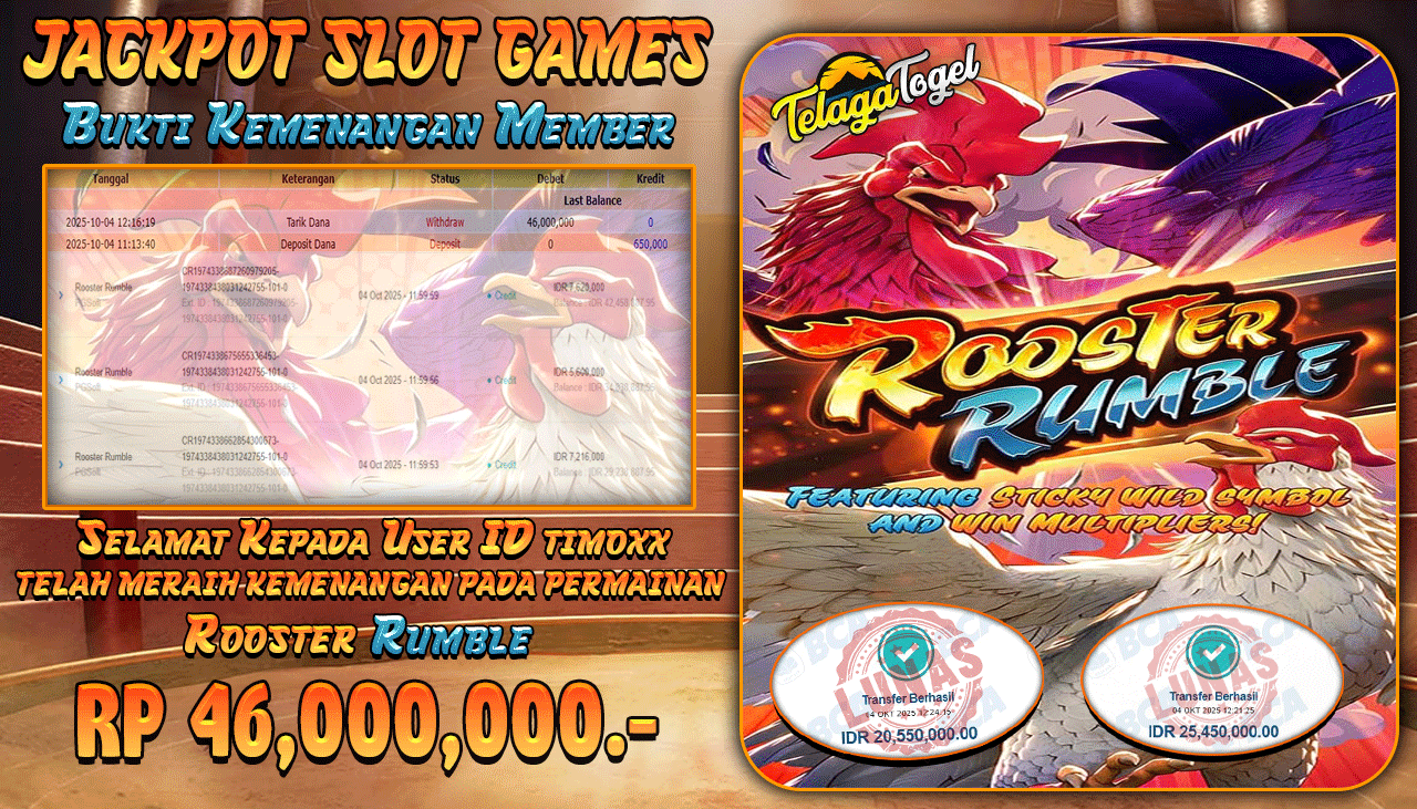 TELAGATOGEL JACKPOT SLOT ROOSTER RUMBLE Rp 46,000,000.- LUNAS  