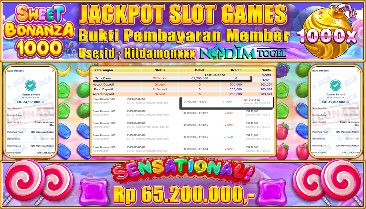 NADIMTOGEL JACKPOT SLOT SWEET BONANZA 1000 Rp 65.200.000,- LUNAS