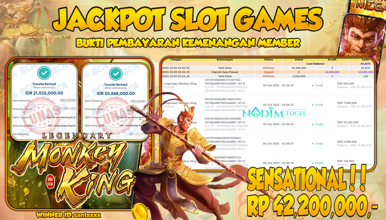 NADIMTOGEL JACKPOT SLOT LEGENDARY MONKEY KING Rp 42.200.000,- LUNAS