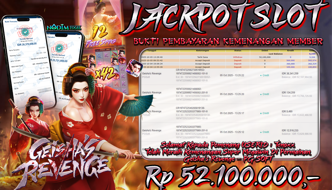 NADIMTOGEL JACKPOT SLOT GEISHAS REVENGE Rp 52.100.000,- LUNAS