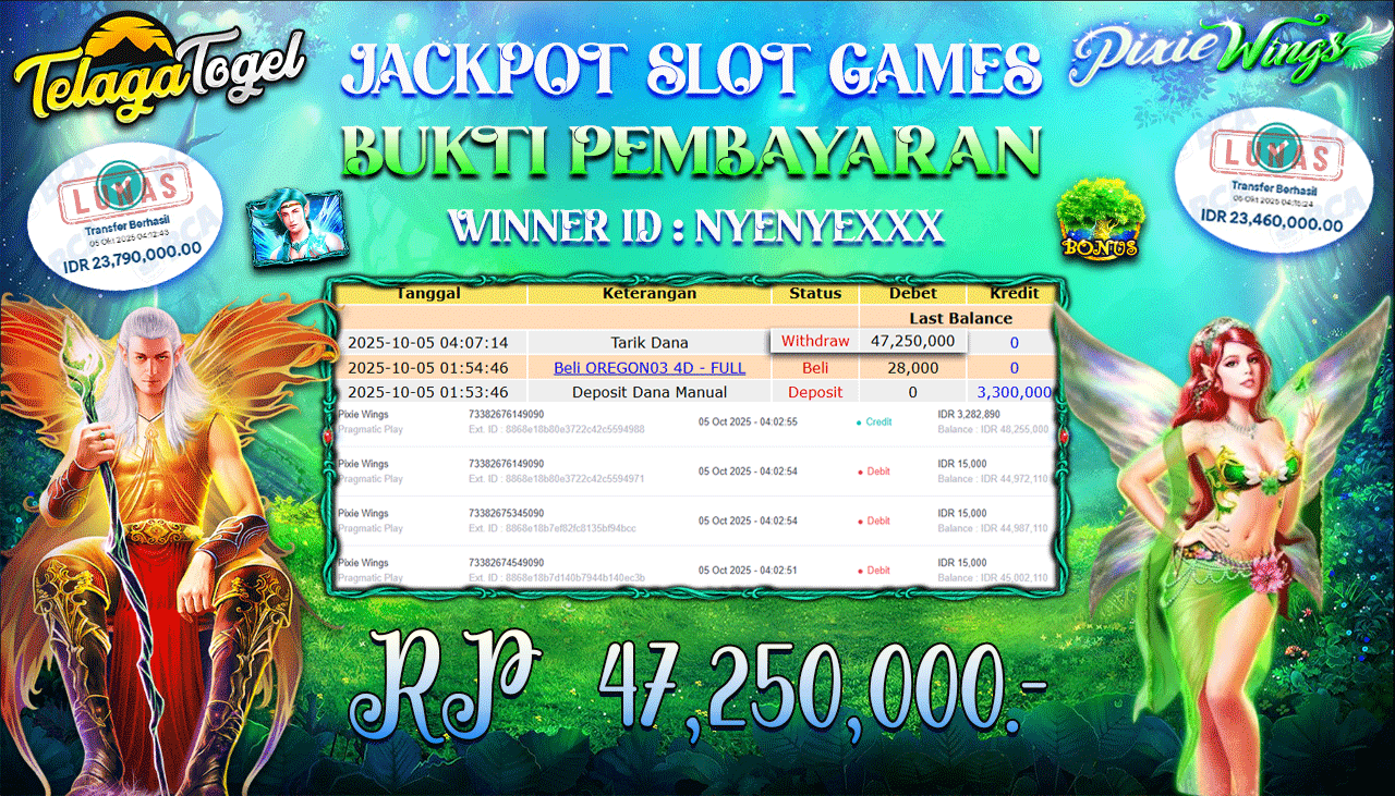TELAGATOGEL JACKPOT SLOT PIXIE WINGS Rp 47,250,000.- LUNAS  