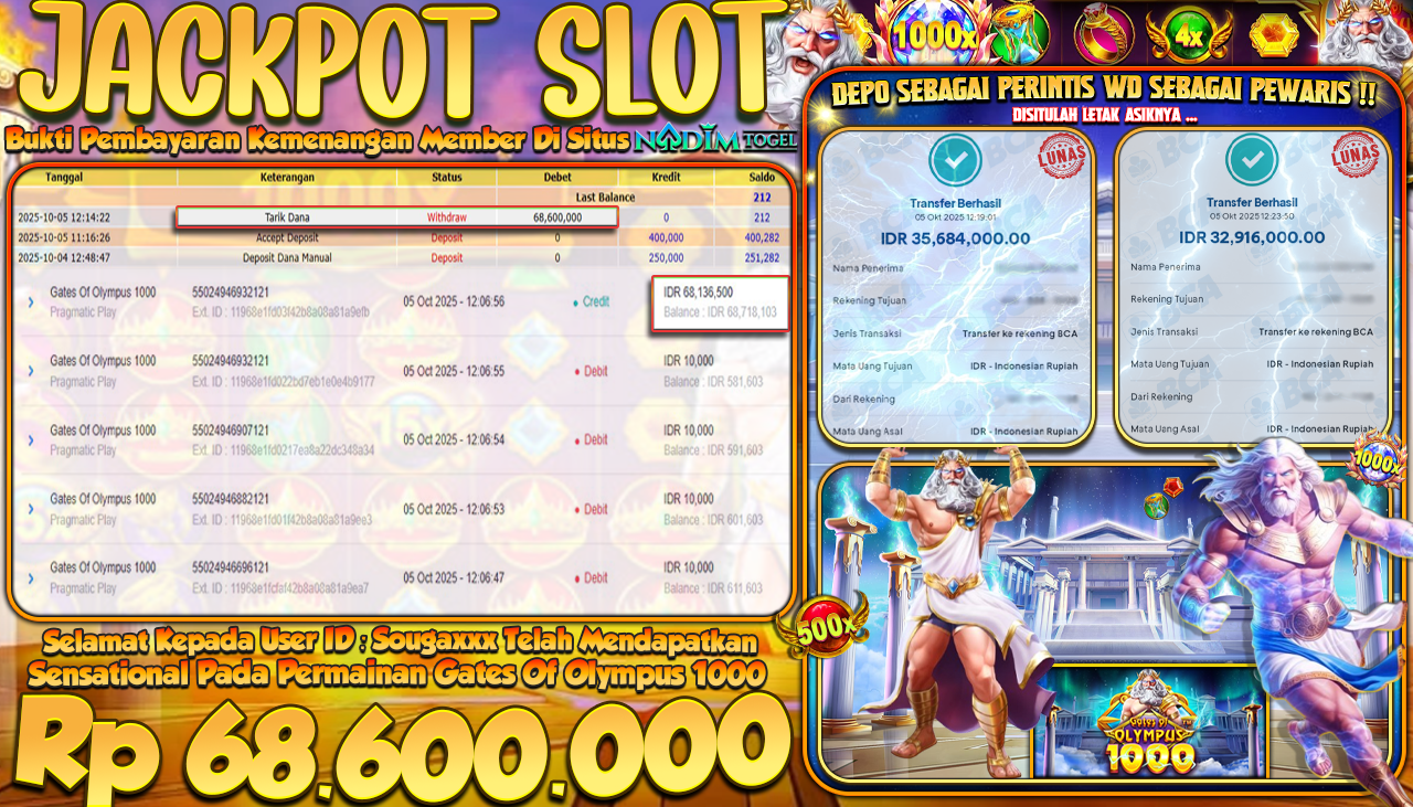 NADIMTOGEL JACKPOT SLOT GATES OF OLYMPUS 1000 Rp 68.600.000,- LUNAS