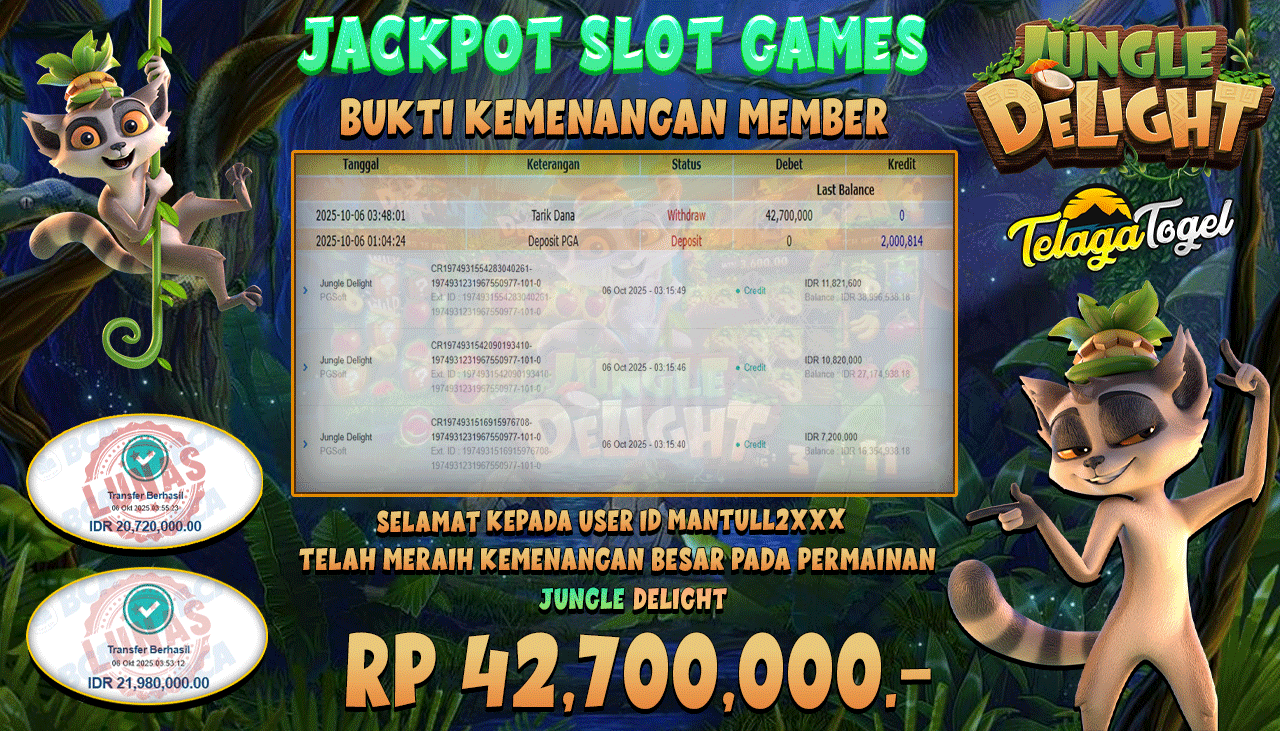 TELAGATOGEL JACKPOT SLOT JUNGLE DELIGHT Rp 42,700,000.- LUNAS  