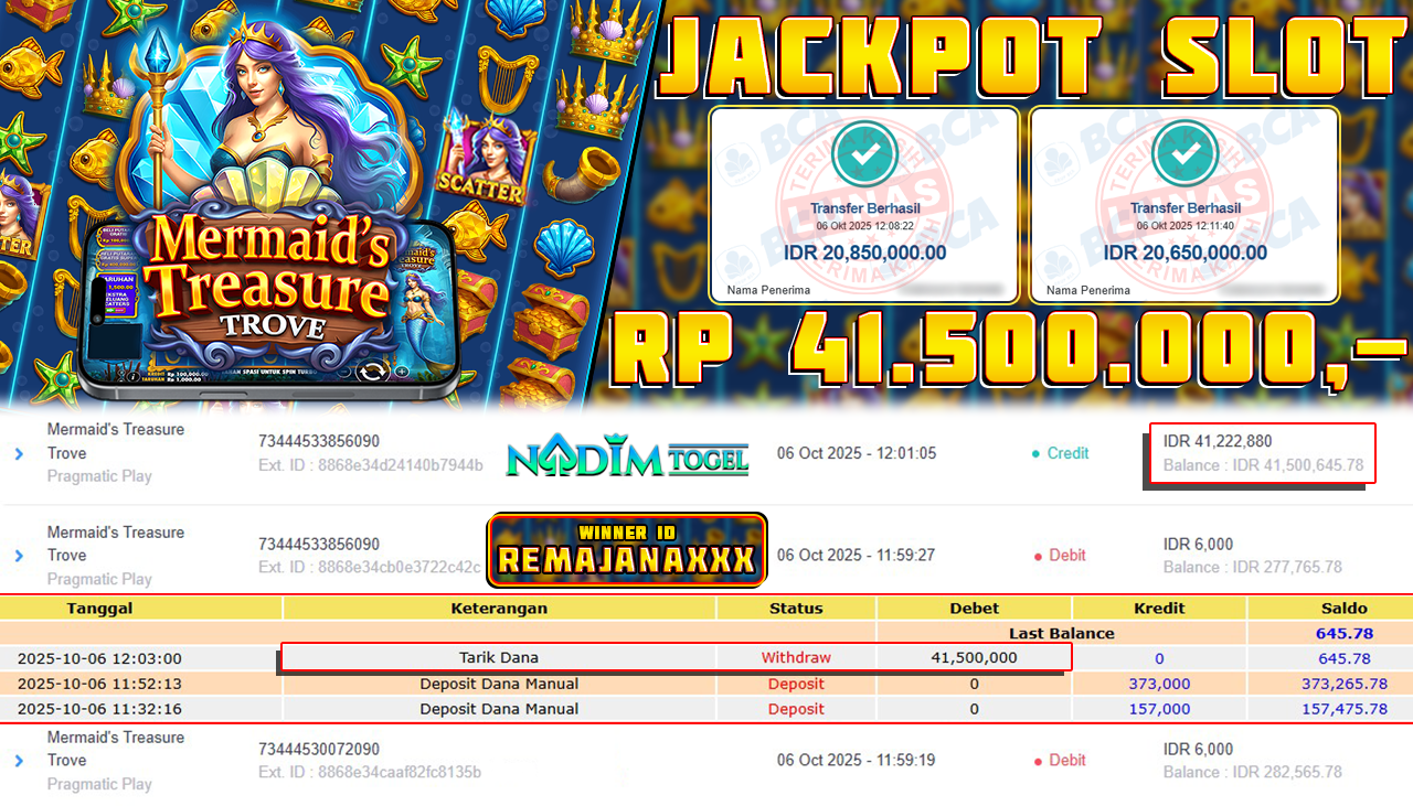 NADIMTOGEL JACKPOT SLOT MERMAIDS TREASURE TROVE Rp 41.500.000,- LUNAS
