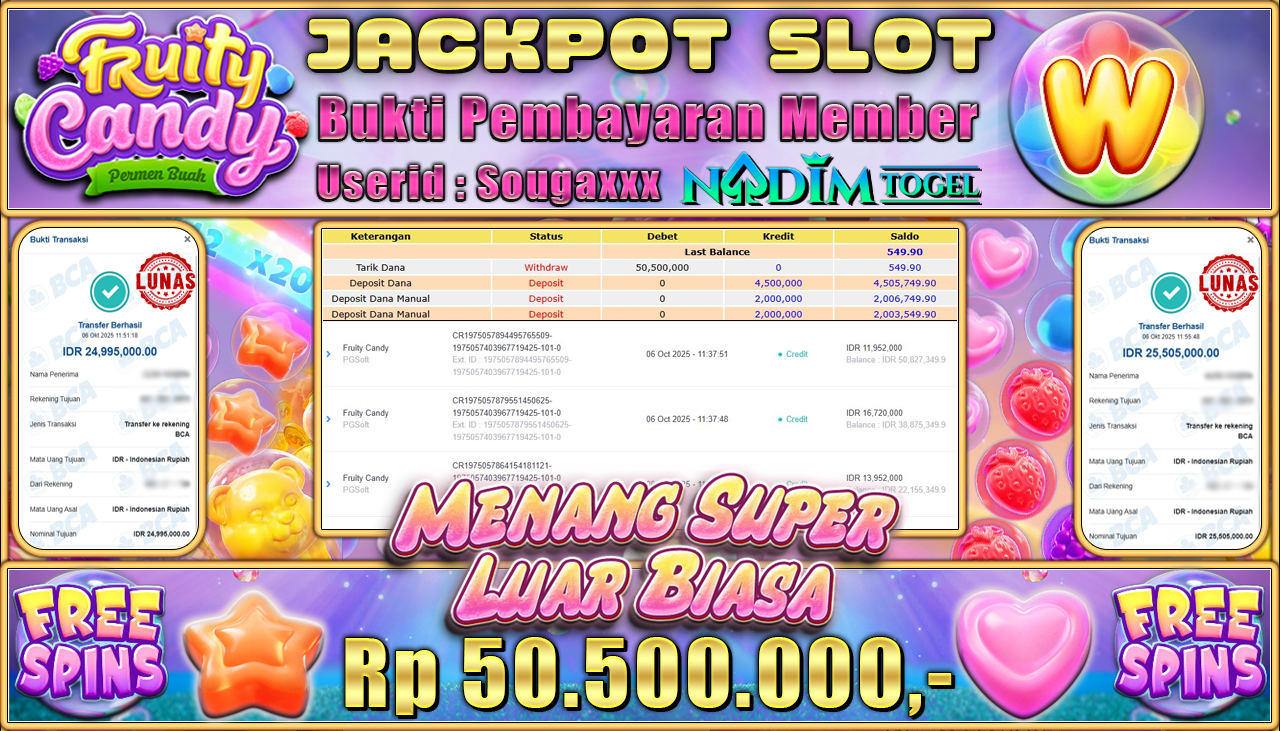 NADIMTOGEL JACKPOT SLOT FRUITY CANDY Rp 50.500.000,- LUNAS