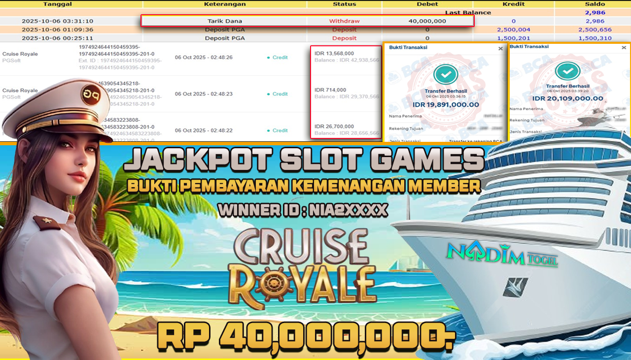 NADIMTOGEL JACKPOT SLOT CRUISE ROYALE Rp 40.000.000,- LUNAS