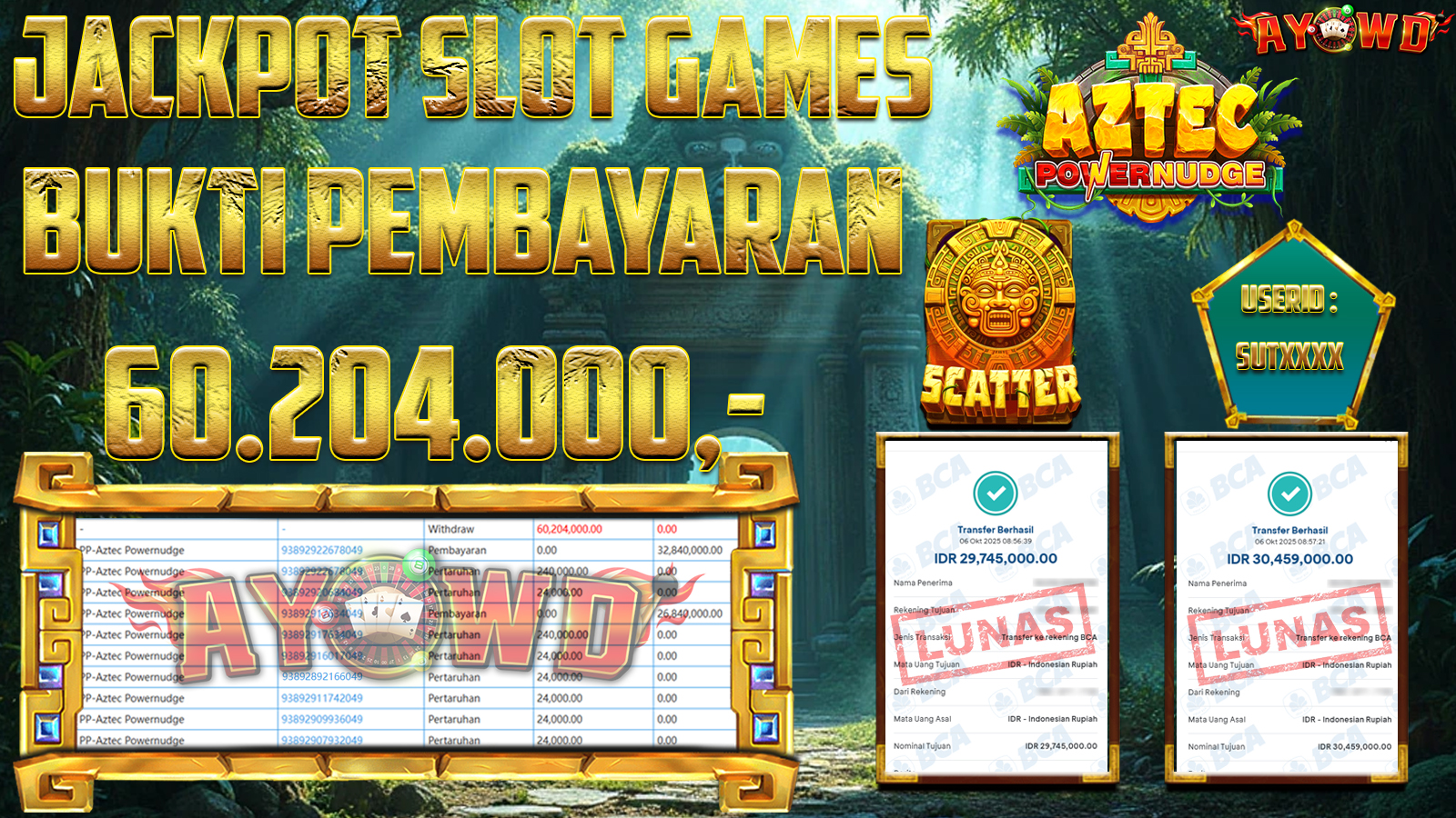 AYOWD JACKPOT SLOT GAMES PP-Aztec Powernudge Rp 60,204,000.- LUNAS