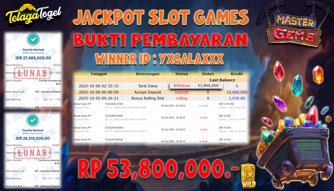 TELAGATOGEL JACKPOT SLOT MASTER GEMS PP  Rp 53,800,000.- LUNAS  