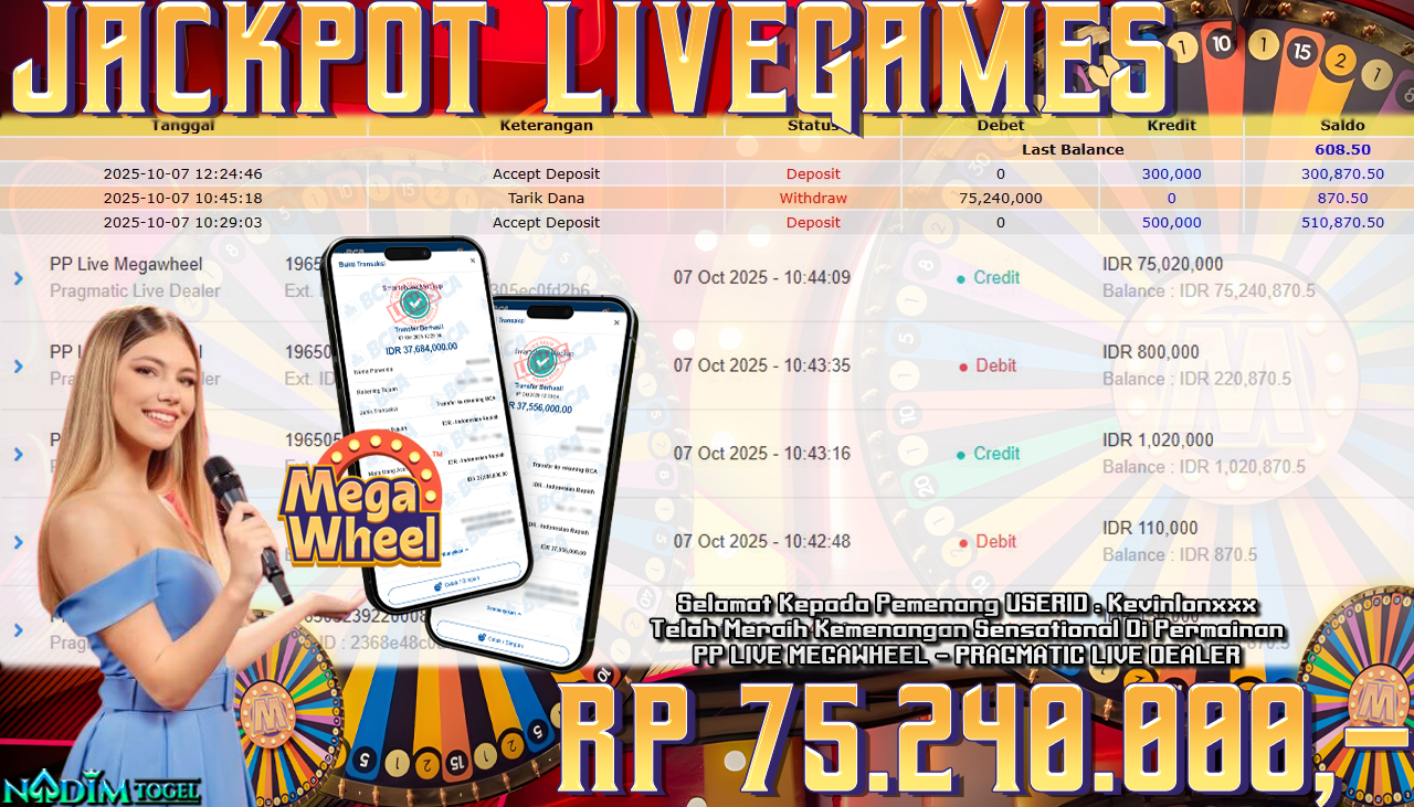 NADIMTOGEL JACKPOT LIVEGAMES PP LIVE MEGAWHEEL  Rp 75.240.000,- LUNAS