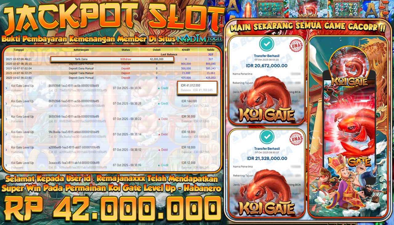 NADIMTOGEL JACKPOT SLOT KOI GATE LEVEL UP Rp 42.000.000,- LUNAS