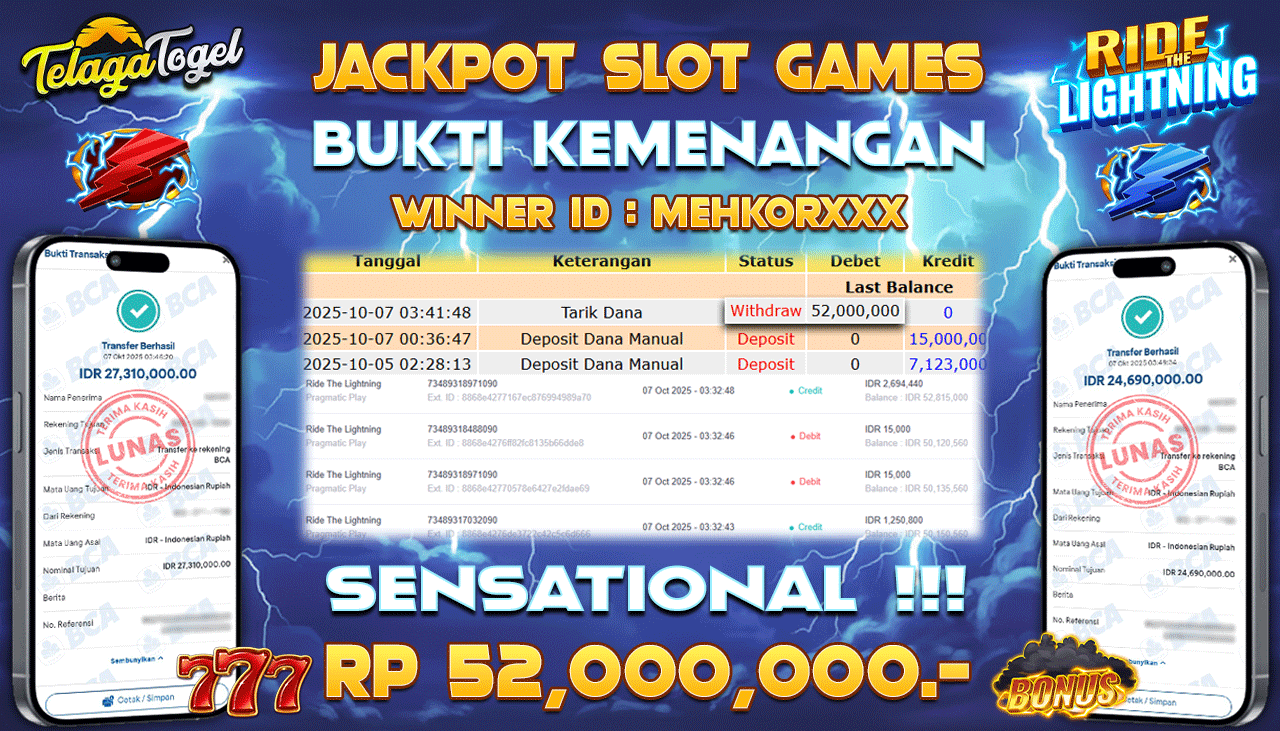 TELAGATOGEL JACKPOT SLOT RIDE THE LIGHTNING Rp 52,000,000.- LUNAS  
