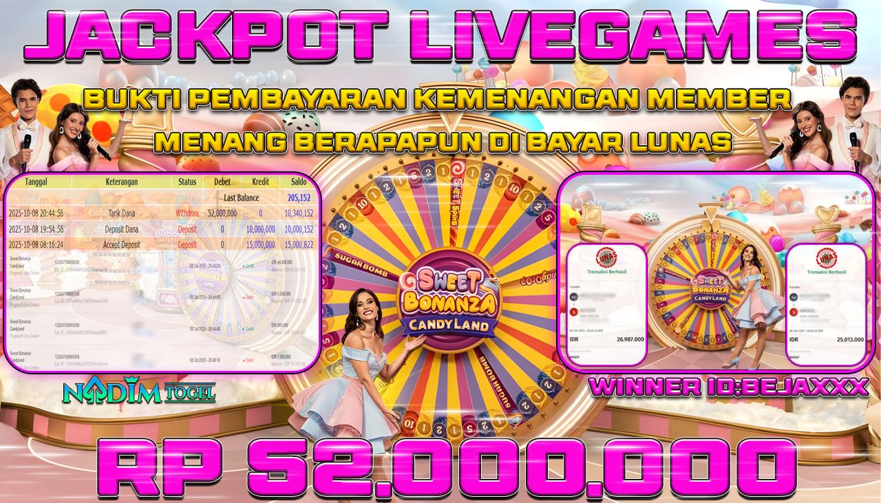 NADIMTOGEL JACKPOT LIVEGAMES SWEET BONANZA CANDY LAND  Rp 52.000.000,- LUNAS