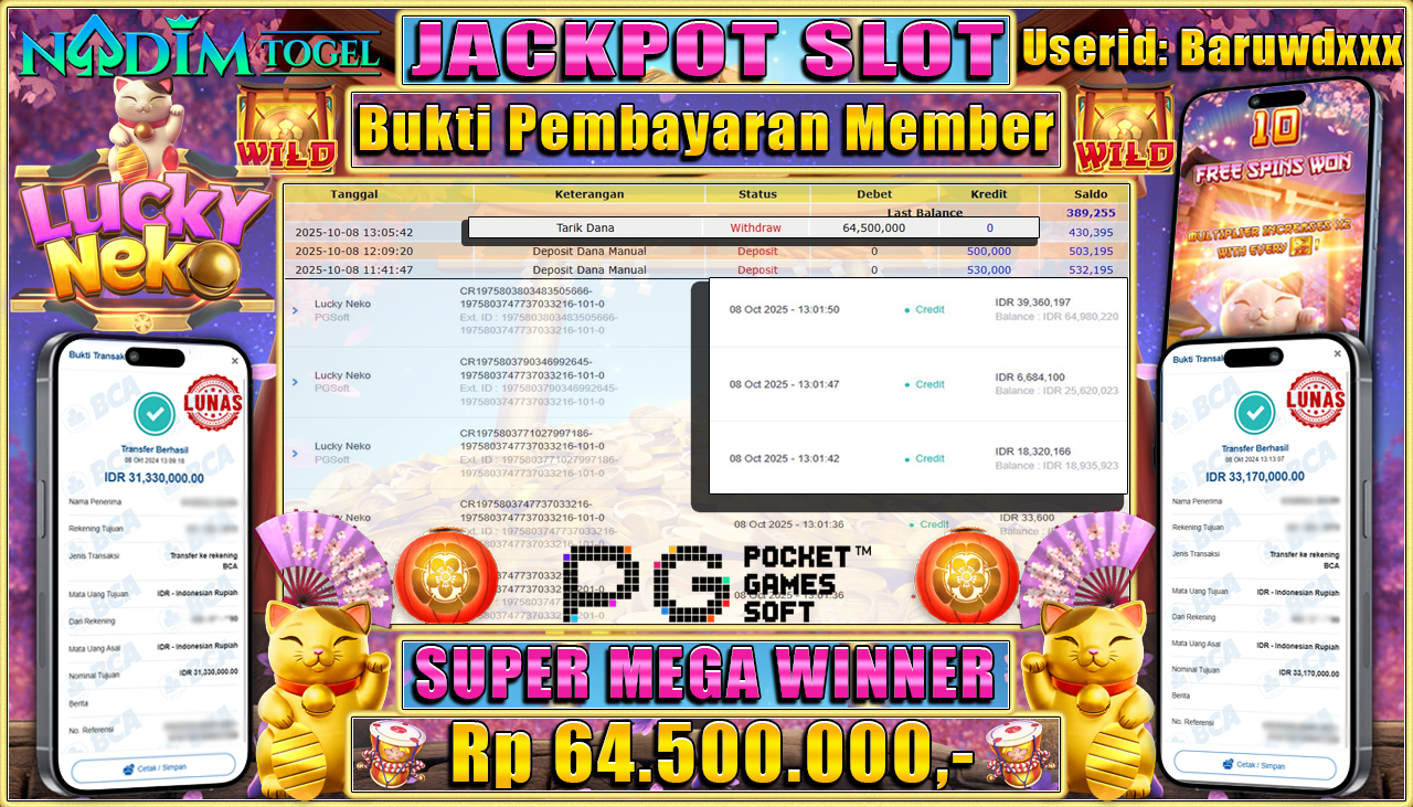 NADIMTOGEL JACKPOT SLOT LUCKY NEKO Rp 64,500.000,- LUNAS
