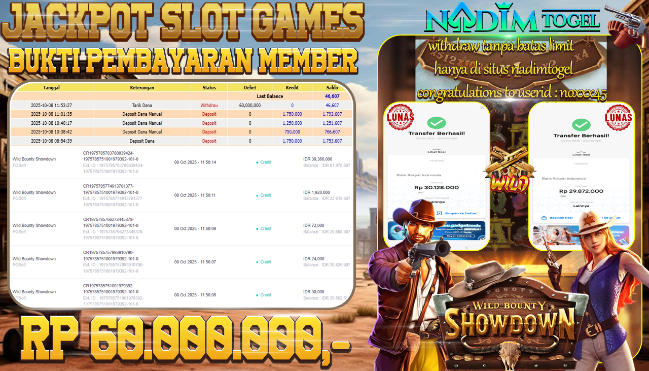 NADIMTOGEL JACKPOT SLOT Wild Bounty Showdown - PGSoft Rp 60,000.000,- LUNAS