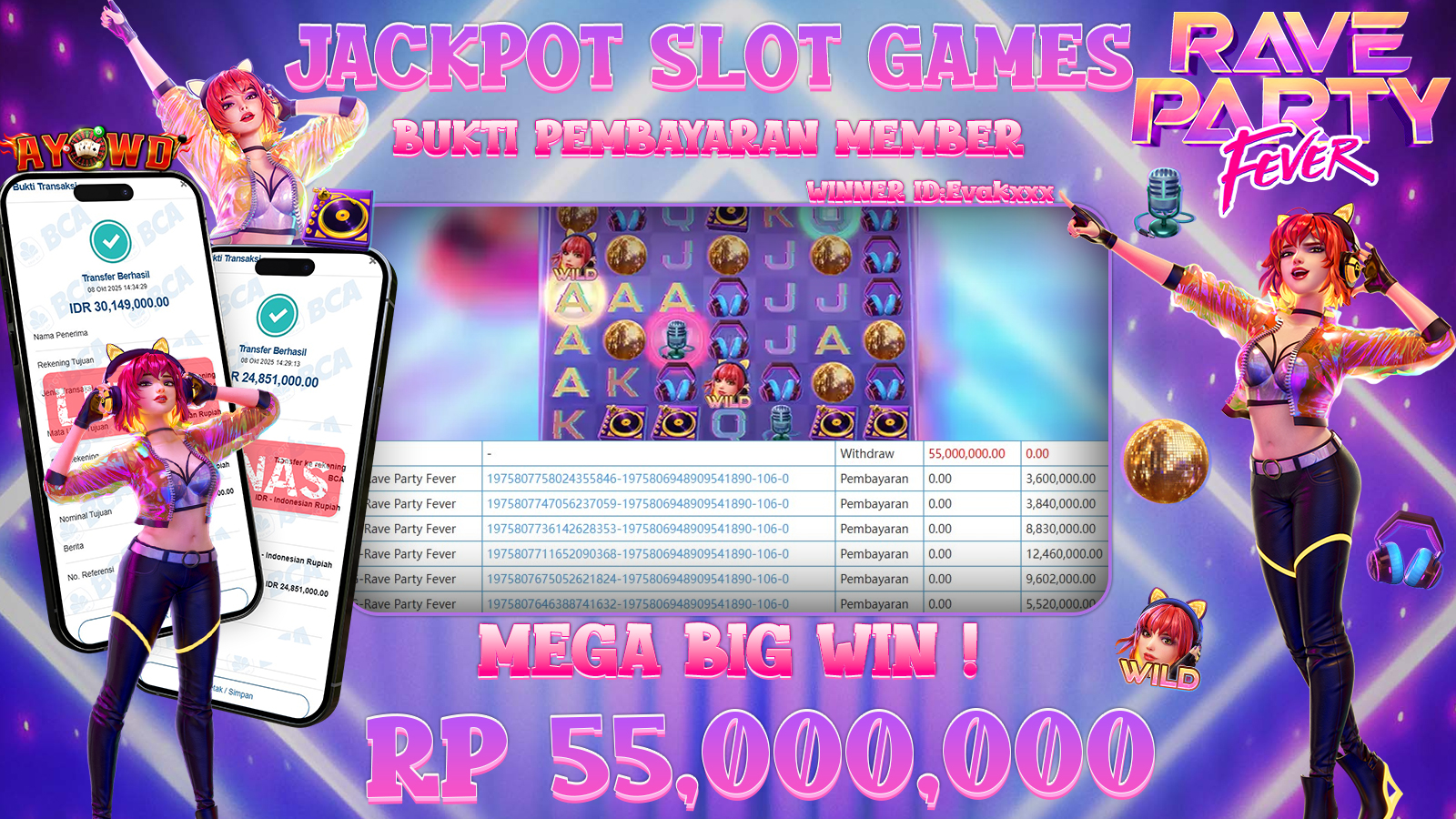 AYOWD JACKPOT SLOT GAMES PG-RAVE PARTY FEVER  Rp 55,000,000.- LUNAS