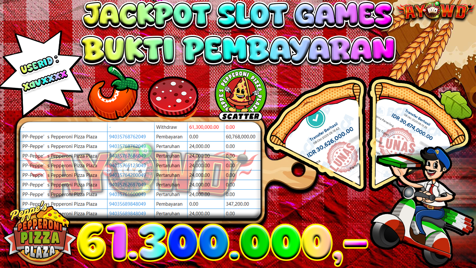 AYOWD JACKPOT SLOT GAMES PP-Peppe s Pepperoni Pizza Plaza  Rp 61,300,000.- LUNAS