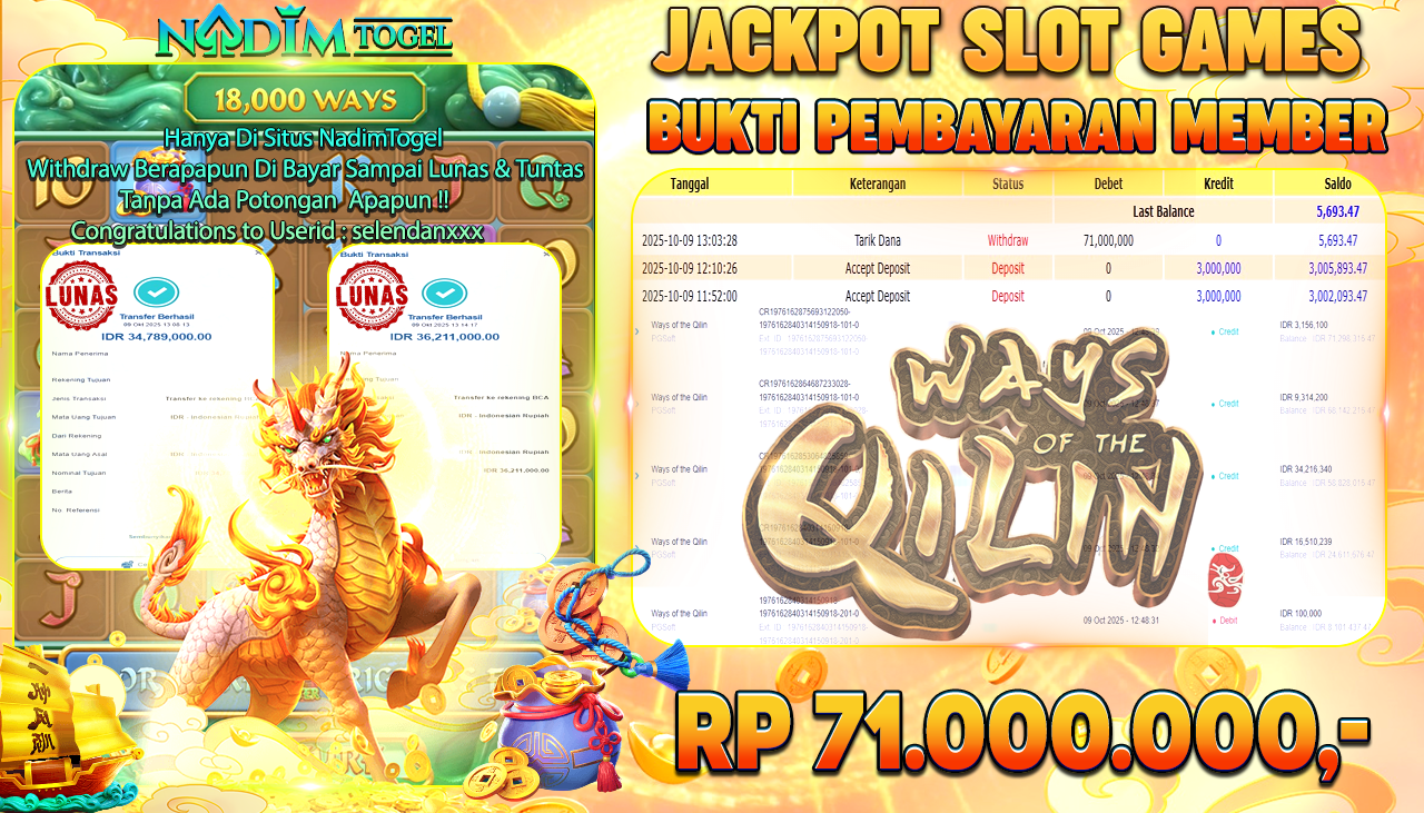 NADIMTOGEL JACKPOT SLOT WAYS OF THE QILIN - PG Soft Rp 71.000.000,- LUNAS