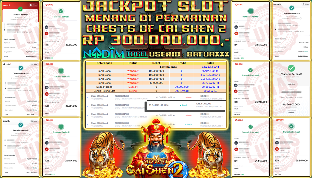 NADIMTOGEL JACKPOT SLOT CHESTS OF CAI SHEN-2  Rp 300.000.000,- LUNAS