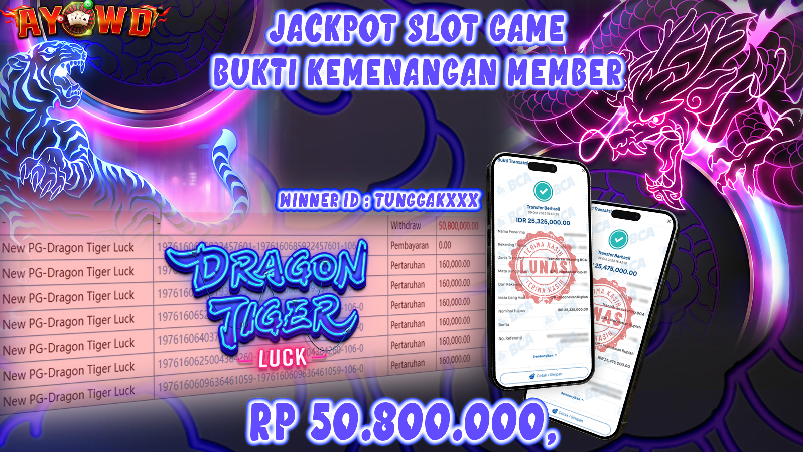 AYOWD JACKPOT SLOT GAMES New PG-Dragon Tiger Luck Rp 50,800,000.- LUNAS
