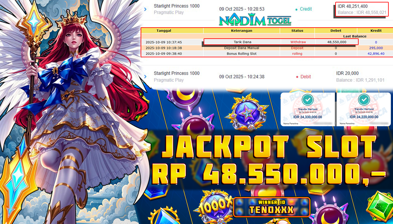 NADIMTOGEL JACKPOT SLOT STARLIGHT PRINCESS 1000 Rp 48.550.000,- LUNAS