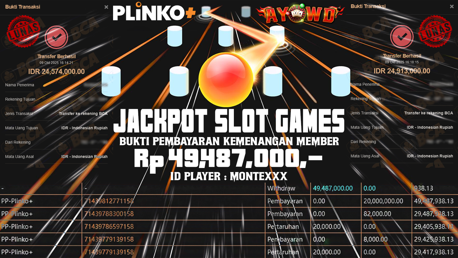AYOWD JACKPOT SLOT GAMES PP-Plinko+ Rp 49,487,000.- LUNAS