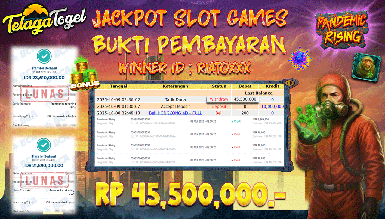 TELAGATOGEL JACKPOT SLOT PANDEMIC RISING Rp 45,500,000.- LUNAS  