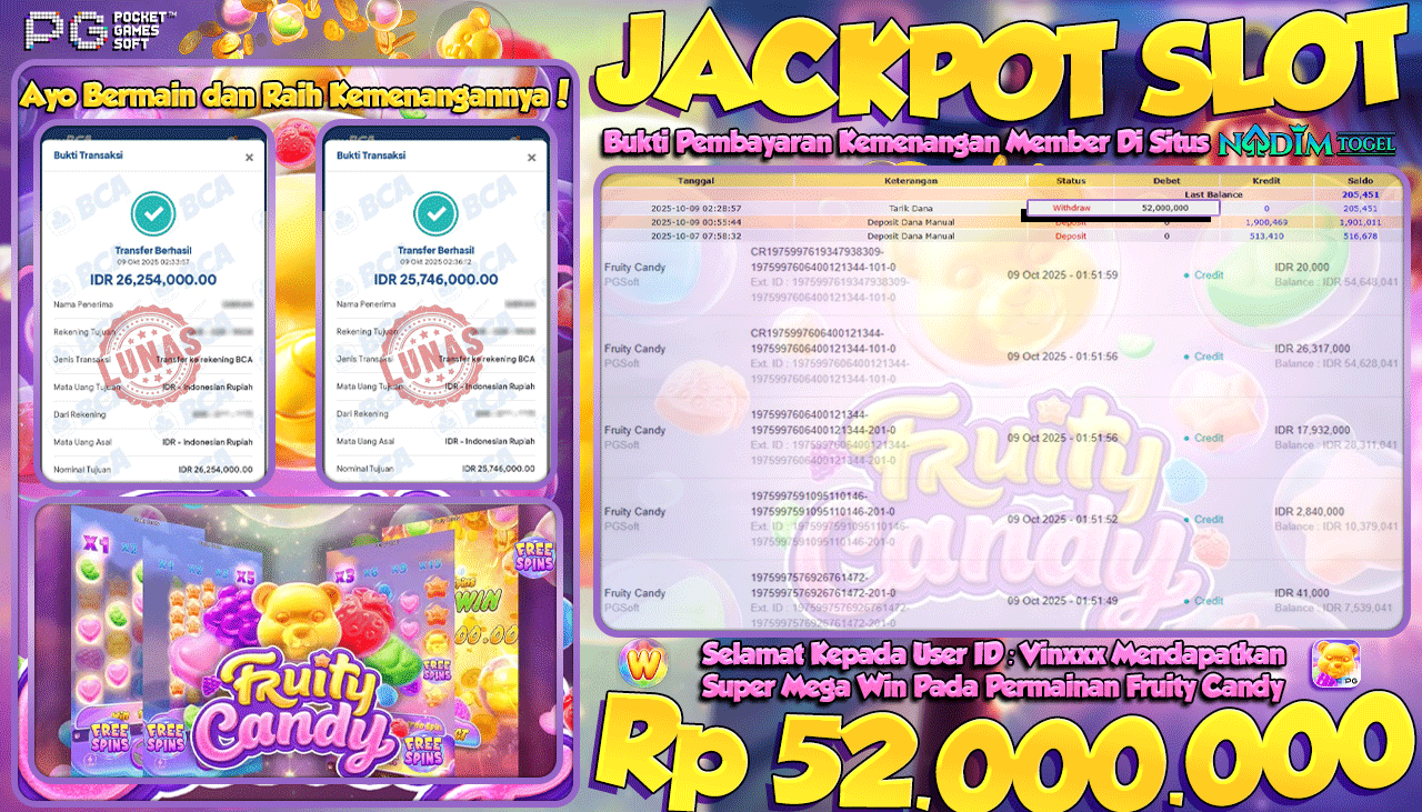 NADIMTOGEL JACKPOT SLOT FRUITY CANDY Rp 52.000.000,- LUNAS