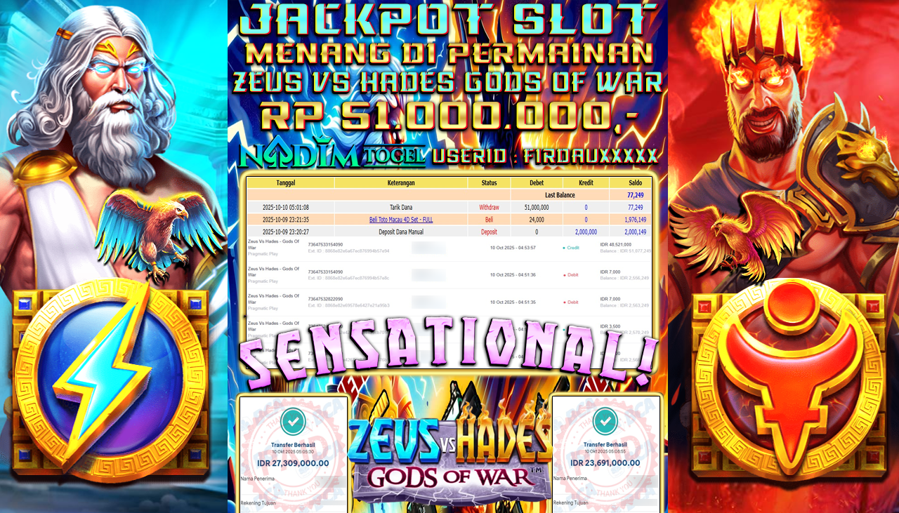 NADIMTOGEL JACKPOT SLOT ZEUS Vs HADES GODS OF WAR Rp 51.000.000,- LUNAS