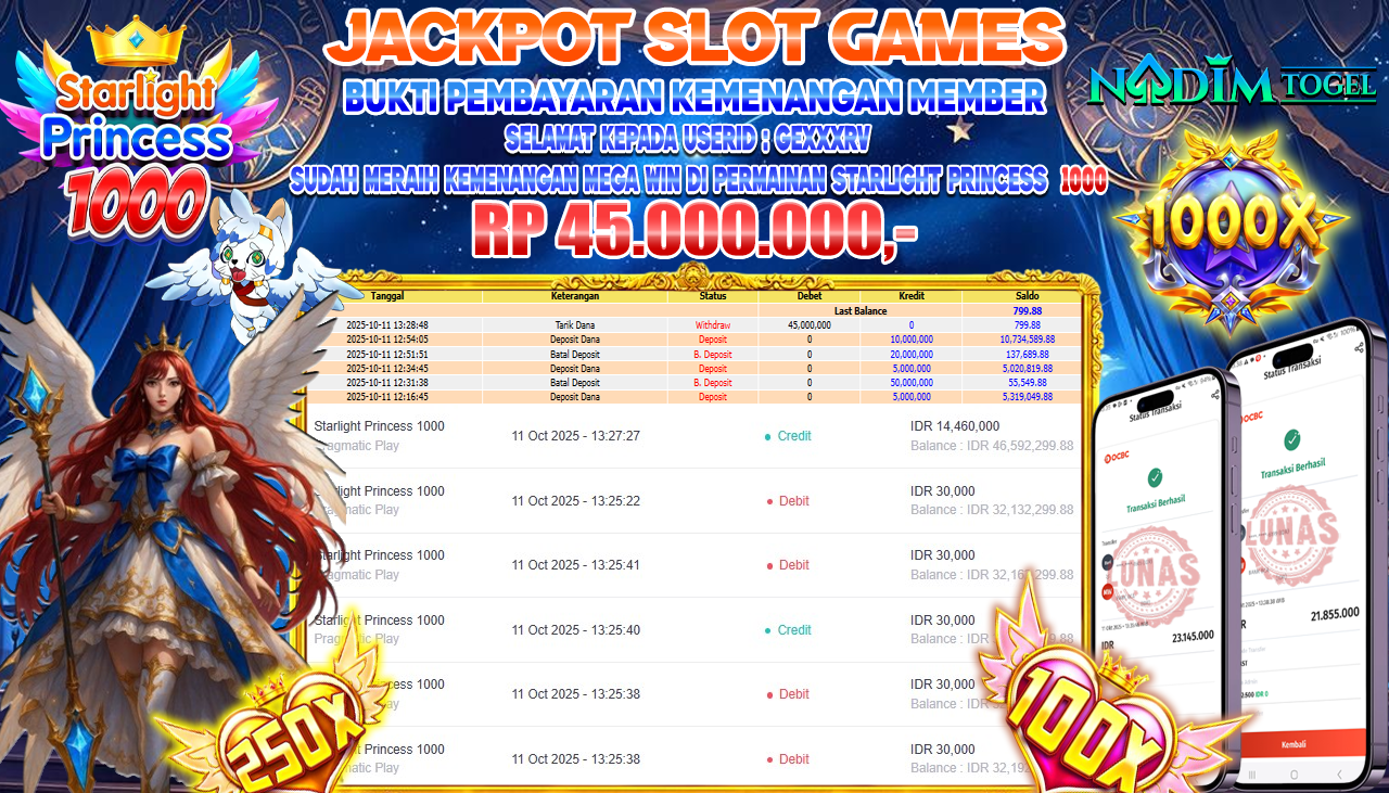 NADIMTOGEL JACKPOT SLOT STARLIGHT PRINCESS 1000 Rp 45.000.000,- LUNAS