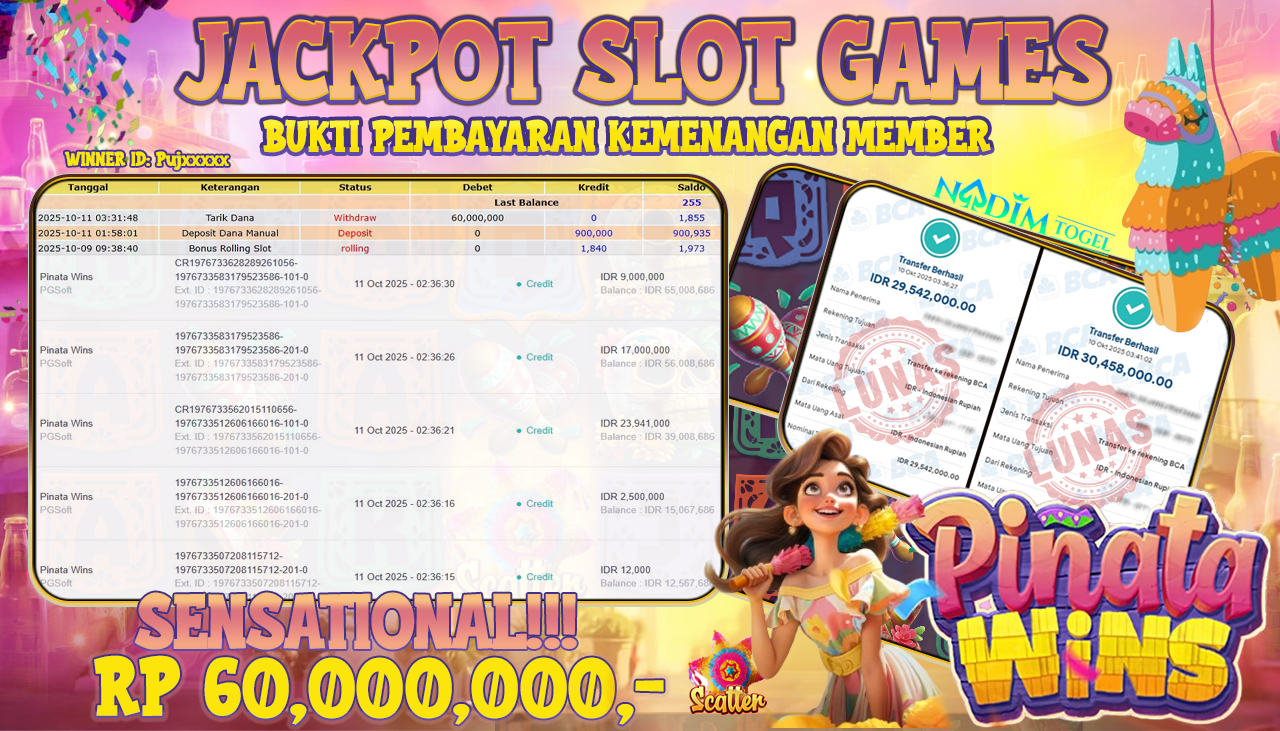 NADIMTOGEL JACKPOT SLOT PINATA WINS Rp 60.000.000,- LUNAS