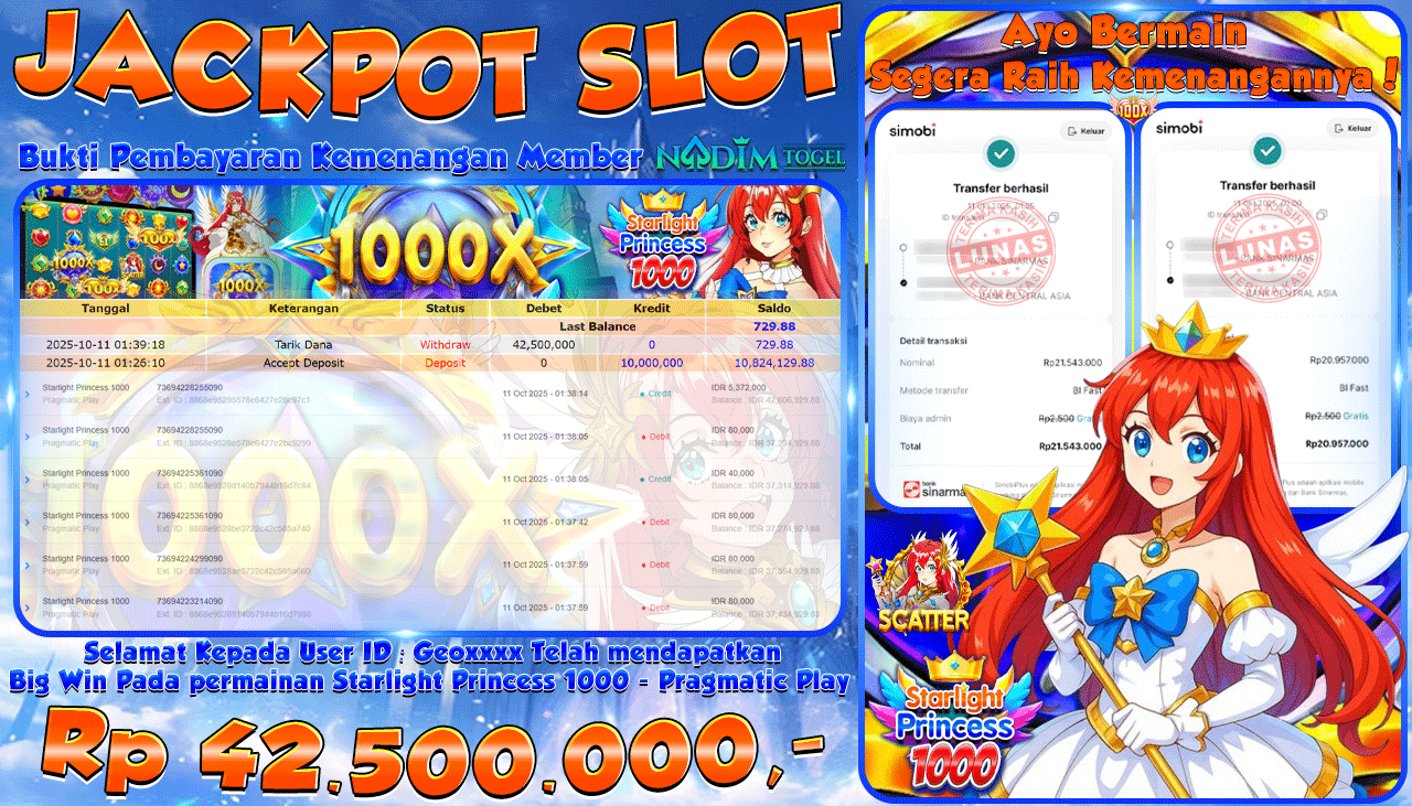 NADIMTOGEL JACKPOT SLOT STARLIGHT PRINCESS 1000 Rp 42.500.000,- LUNAS