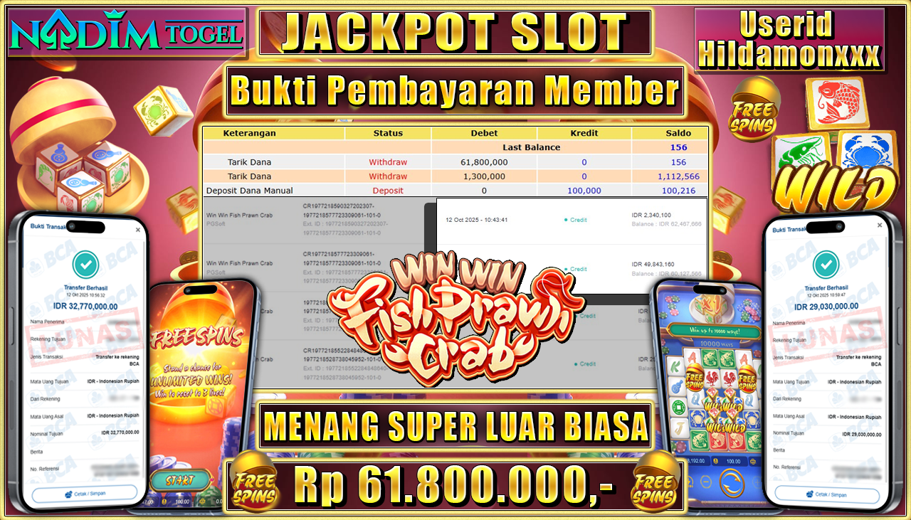 NADIMTOGEL JACKPOT SLOT WIN WIN FISH PRAWN CRAB Rp 61.800.000,- LUNAS