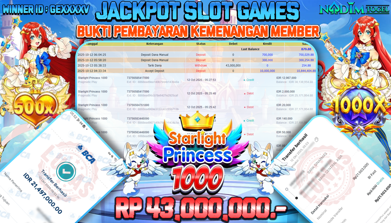 NADIMTOGEL JACKPOT SLOT STARLIGHT PRINCESS 1000 Rp 43.000.000,- LUNAS