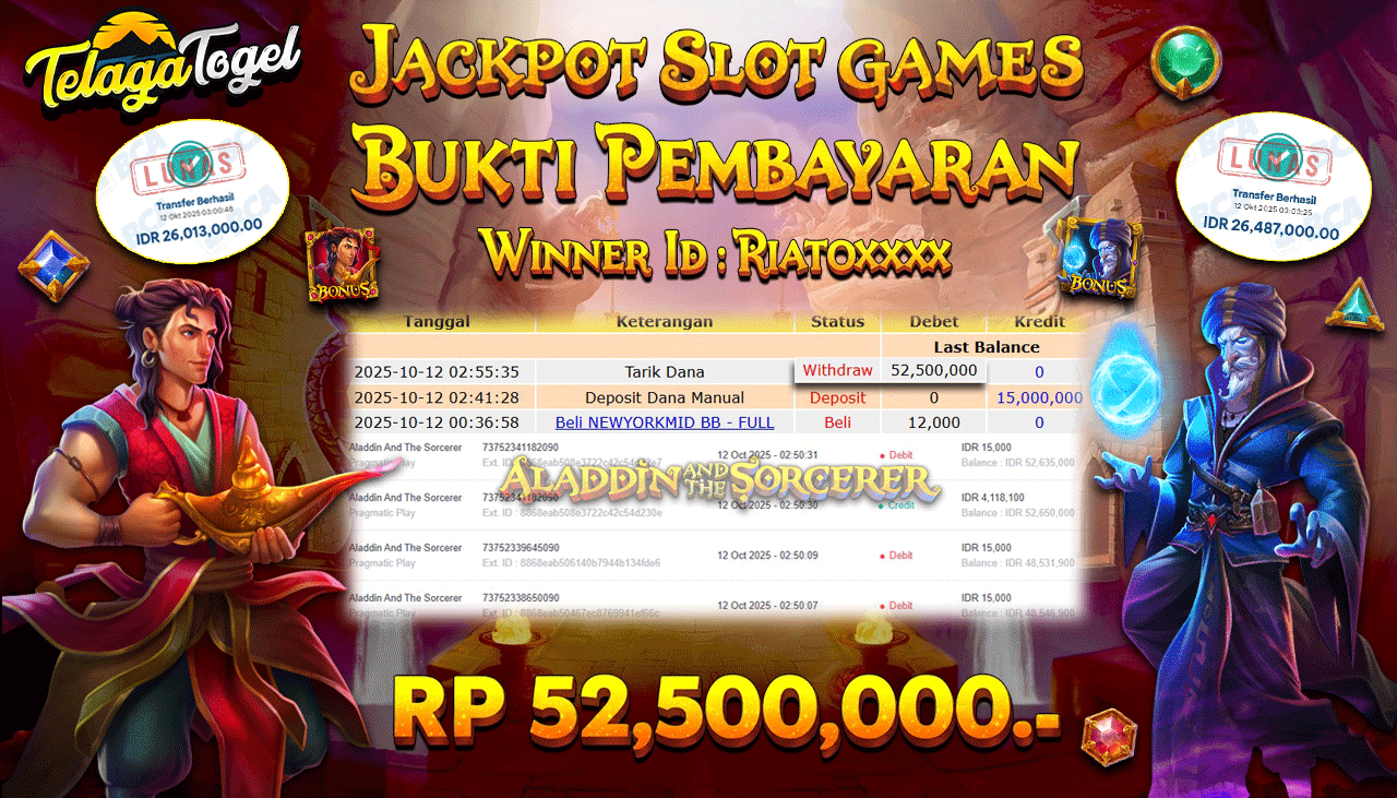 TELAGATOGEL JACKPOT SLOT ALADDIN AND THE SORCERER Rp 52,500,000.- LUNAS  