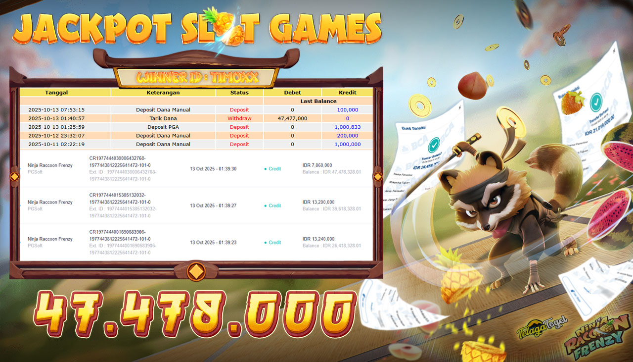TELAGATOGEL JACKPOT SLOT NINJA RACOON FRENZY Rp 47,478,000.- LUNAS  