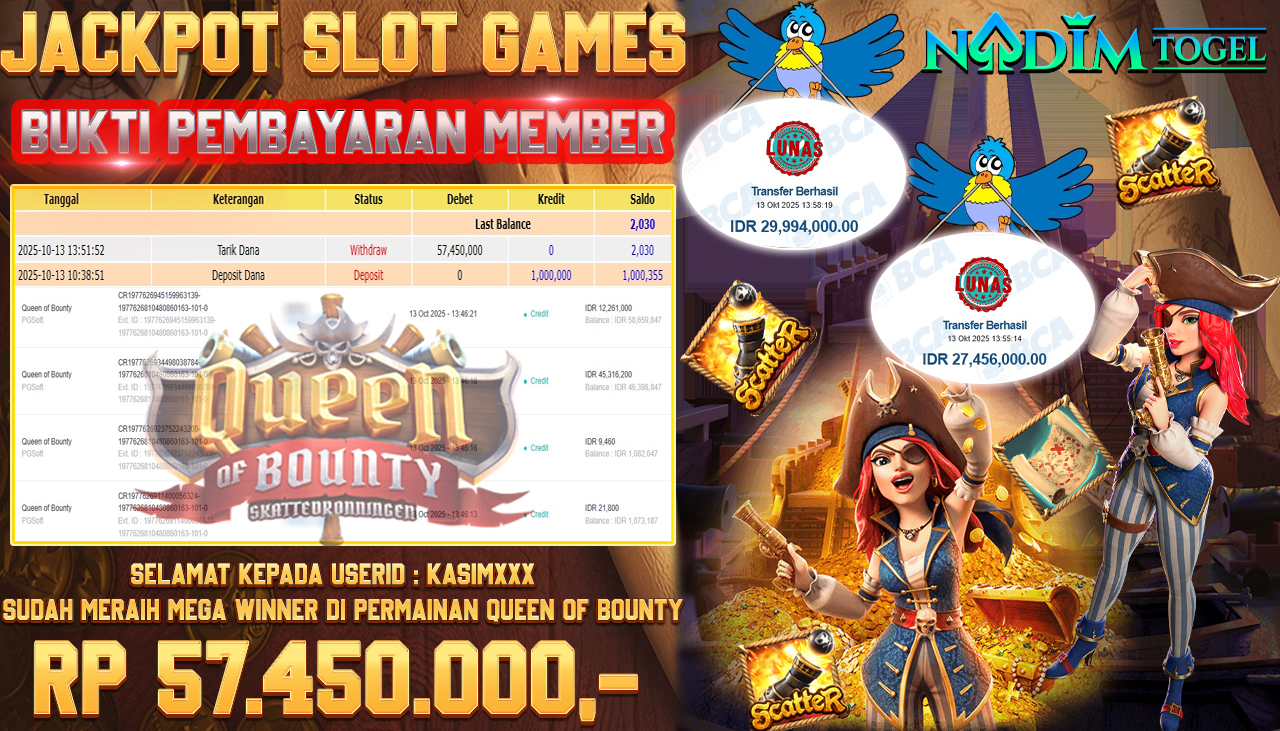 NADIMTOGEL JACKPOT SLOT QUEEN OF BOUNTY - PGsoft Rp 57.450.000,- LUNAS