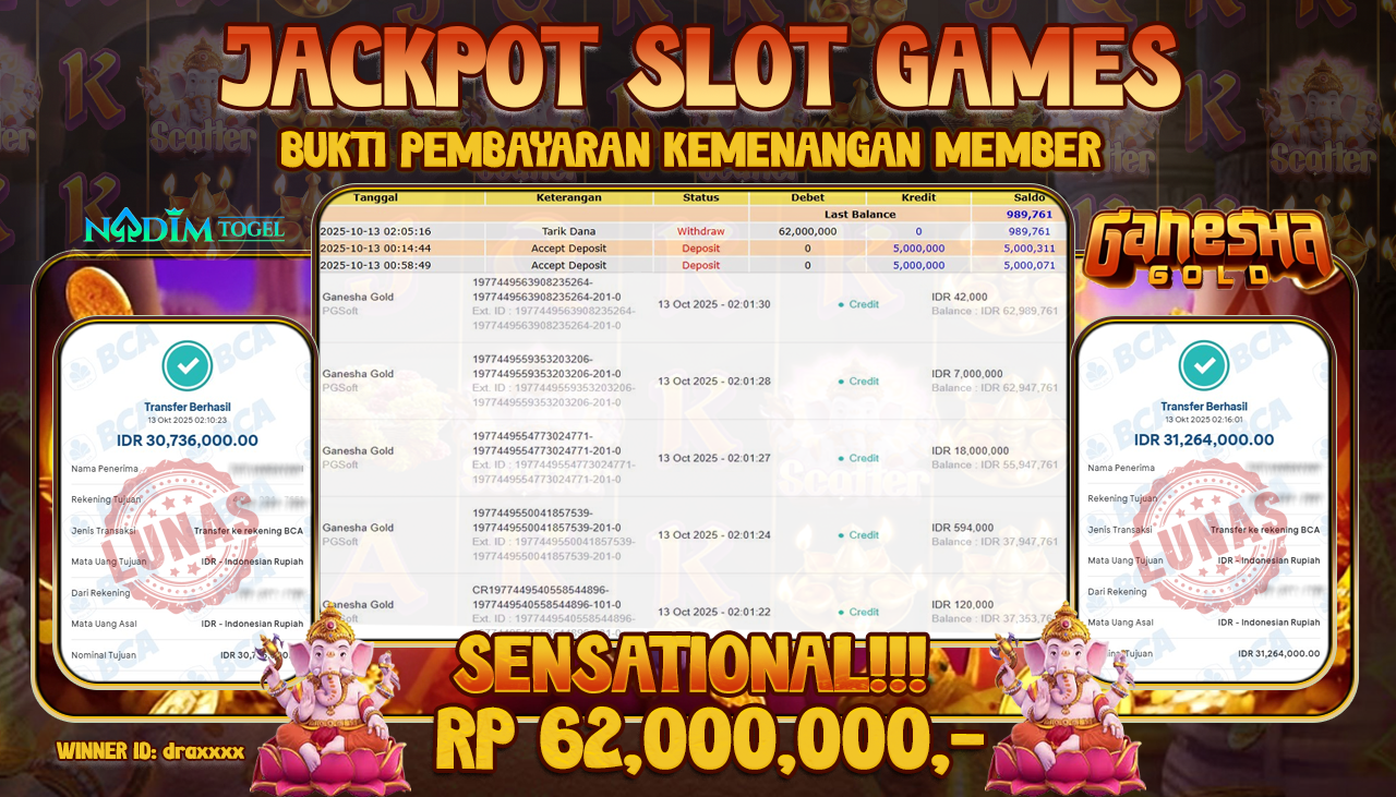 NADIMTOGEL JACKPOT SLOT GANESHA GOLD Rp 62.000.000,- LUNAS