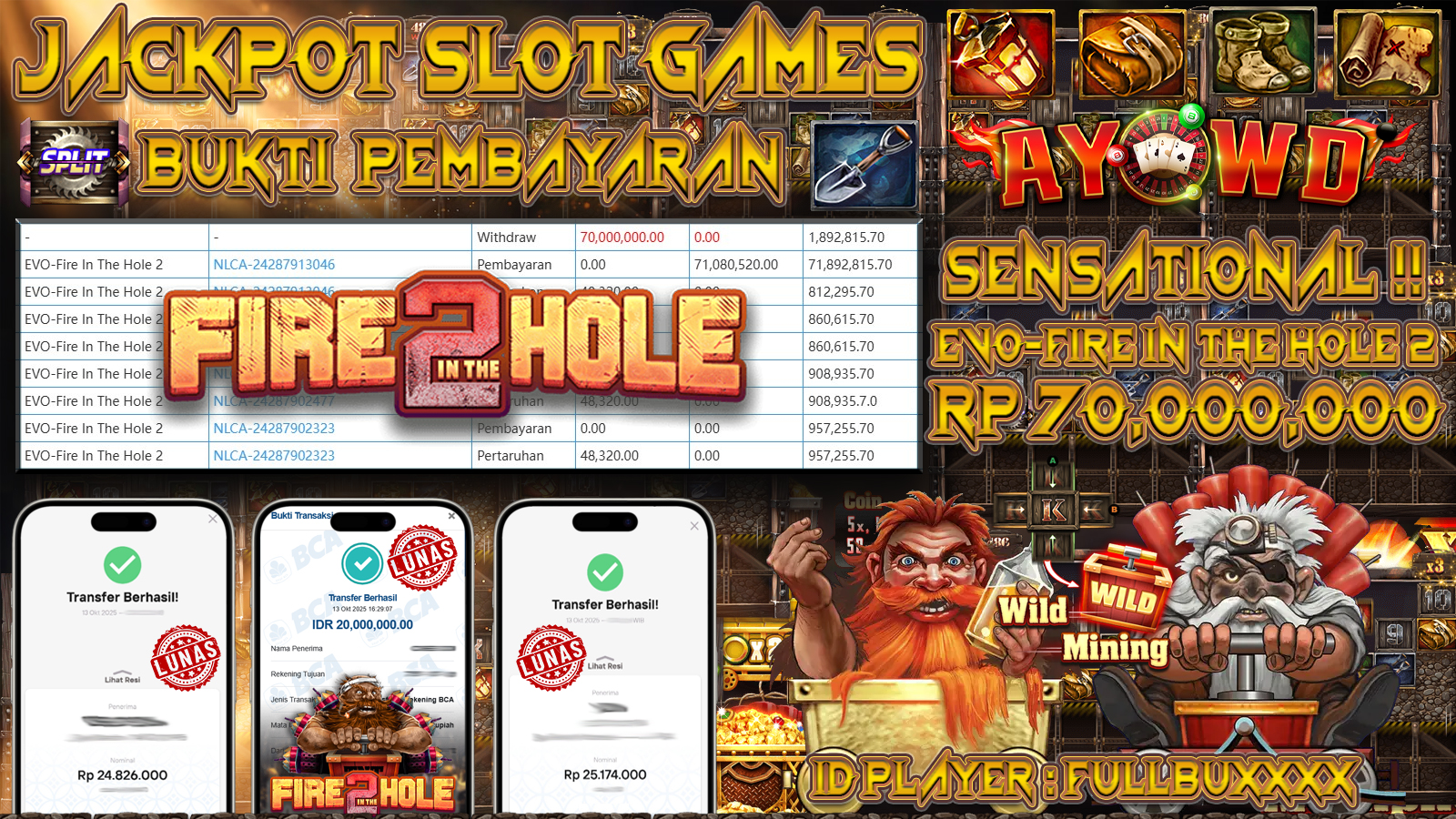 AYOWD JACKPOT SLOT GAMES EVO-Fire In The Hole 2  Rp 70,000,000,- LUNAS