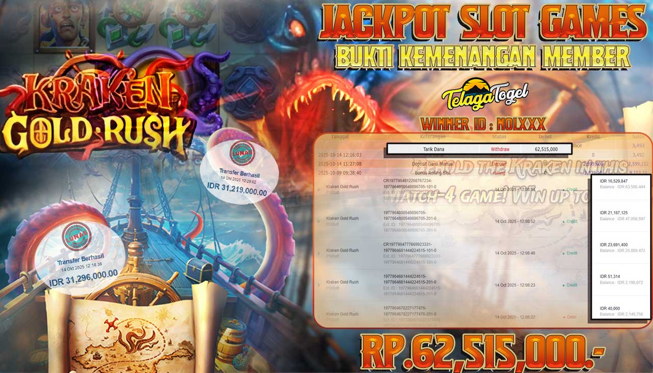 TELAGATOGEL JACKPOT SLOT KRAKEN GOLD RUSH Rp 62,515,000.- LUNAS  