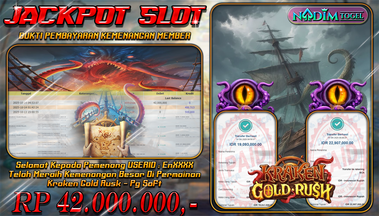 NADIMTOGEL JACKPOT SLOT KRAKEN GOLD RUSH Rp 42.000.000,- LUNAS