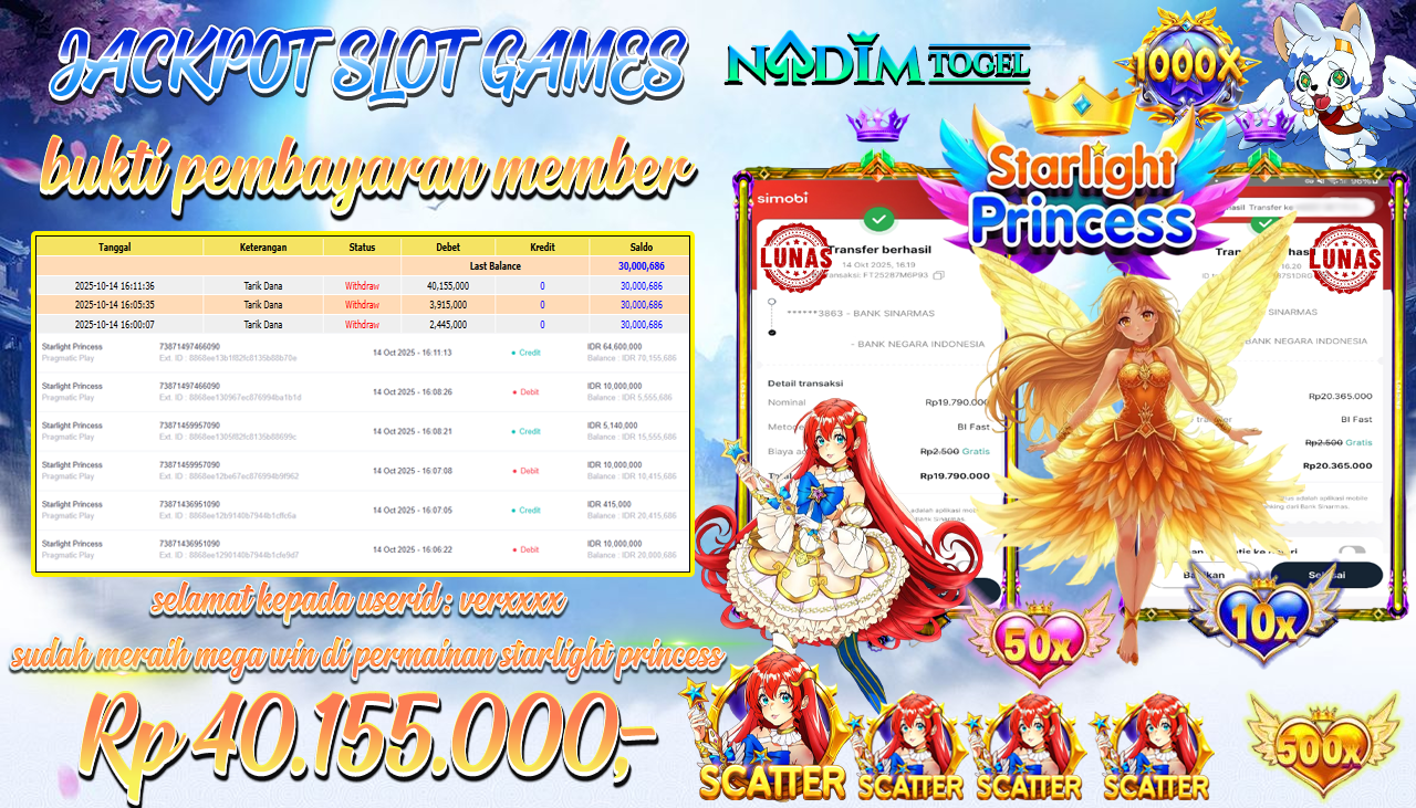 NADIMTOGEL JACKPOT SLOT STARLIGHT PRINCESS - Pragmatic Play Rp 40.155.000,- LUNAS