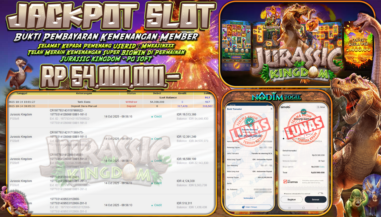 NADIMTOGEL JACKPOT SLOT JURASSIC KINGDOM Rp 54.000.000,- LUNAS