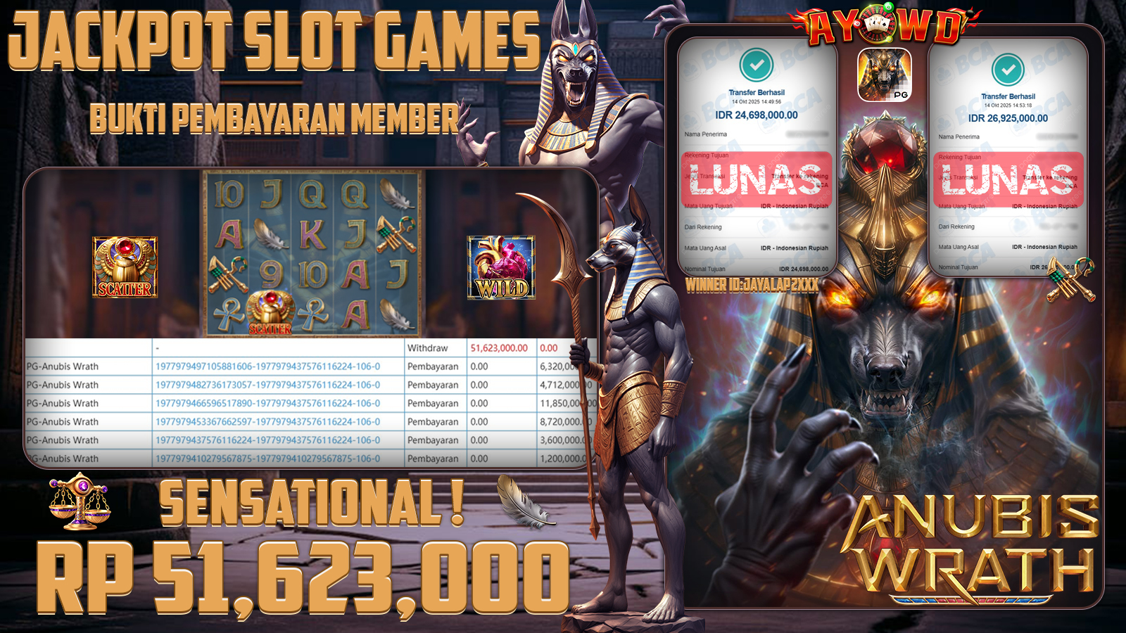 AYOWD JACKPOT SLOT GAMES PG-ANUBIS WRATH   Rp 51,623,000,- LUNAS