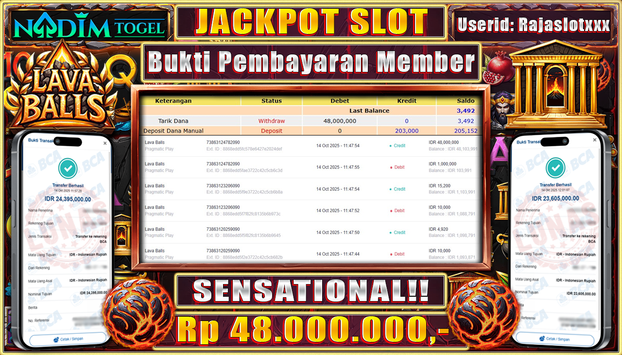NADIMTOGEL JACKPOT SLOT LAVA BALLS - Pragmatic Play Rp 48.000.000,- LUNAS