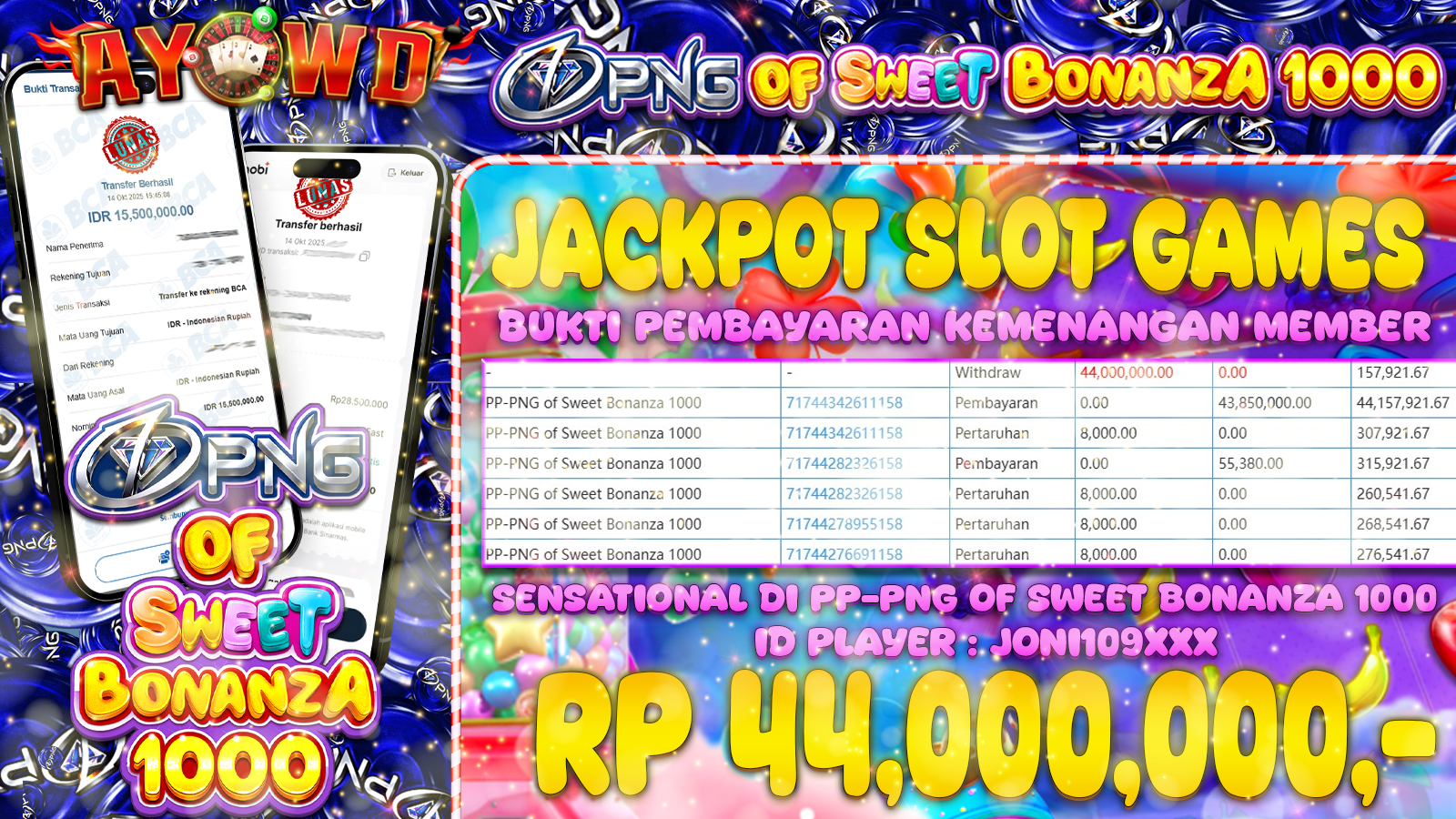 AYOWD JACKPOT SLOT GAMES PP-PNG of Sweet Bonanza 1000 Rp 44,000,000,- LUNAS