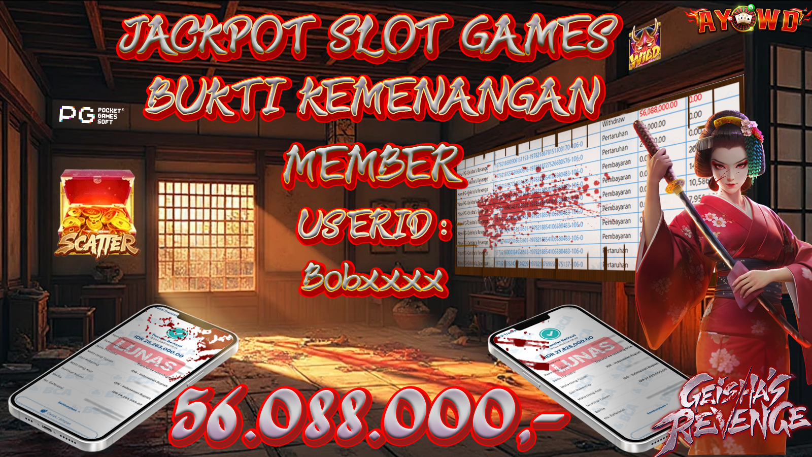 AYOWD JACKPOT SLOT GAMES New PG-Geisha s Revenge Rp 56,088,000,- LUNAS