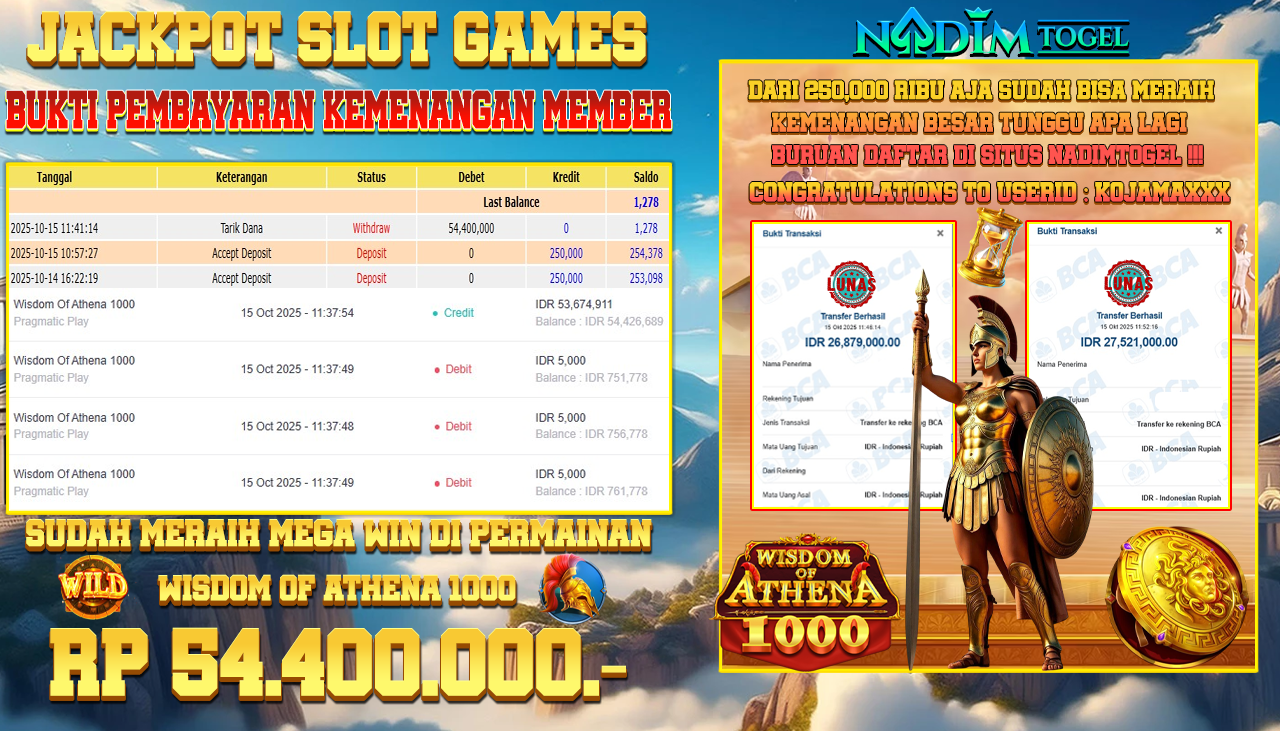 NADIMTOGEL JACKPOT SLOT WISDOM OF ATHENA 1000 - PRAGMATIC PLAY Rp 54.400.000,- LUNAS