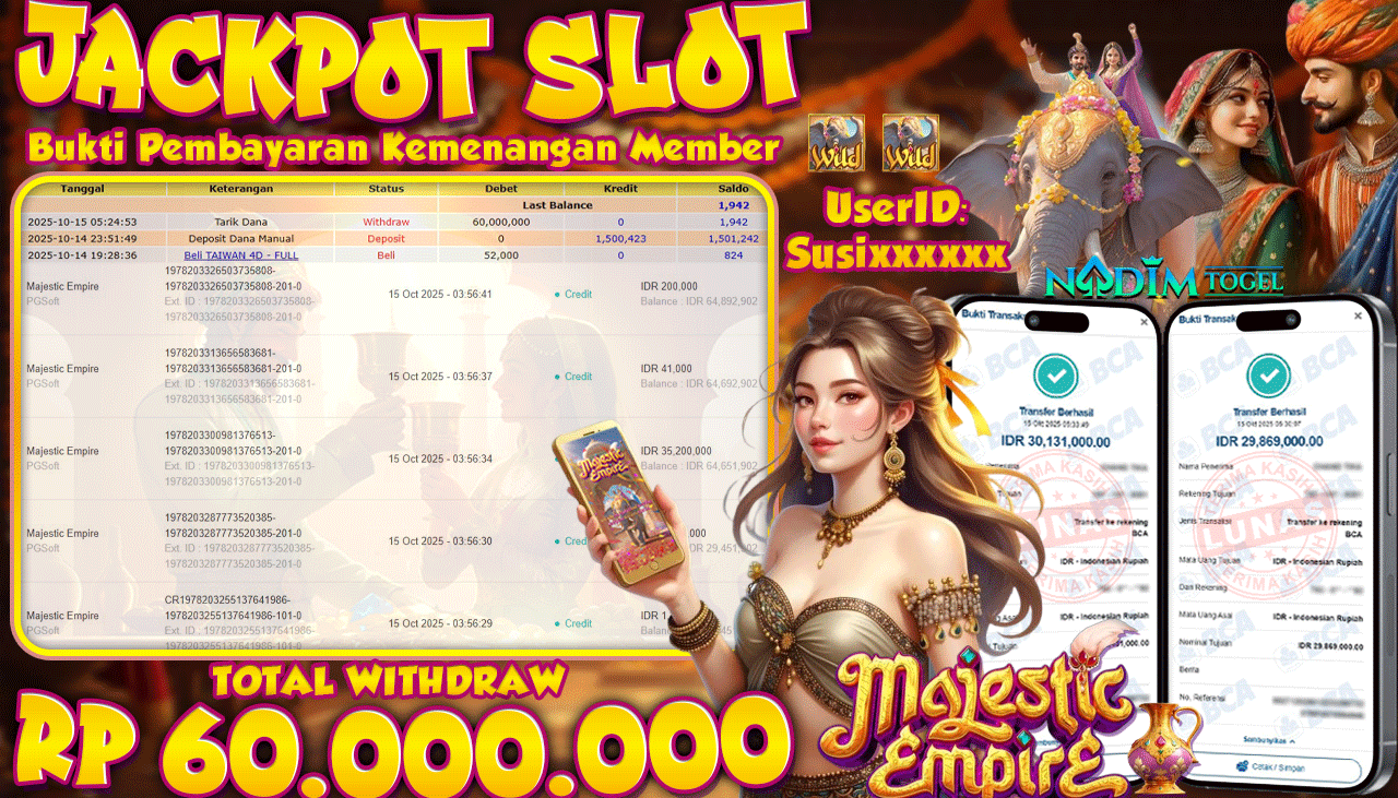 NADIMTOGEL JACKPOT SLOT MAJESTIC EMPIRE - PG Soft Rp 60.000.000,- LUNAS