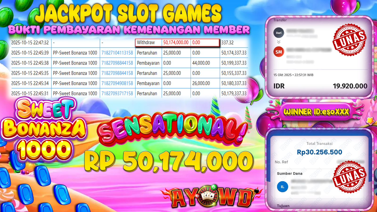 AYOWD JACKPOT SLOT GAMES PP-SWEET BONANZA 1000 Rp 50,174,000,- LUNAS