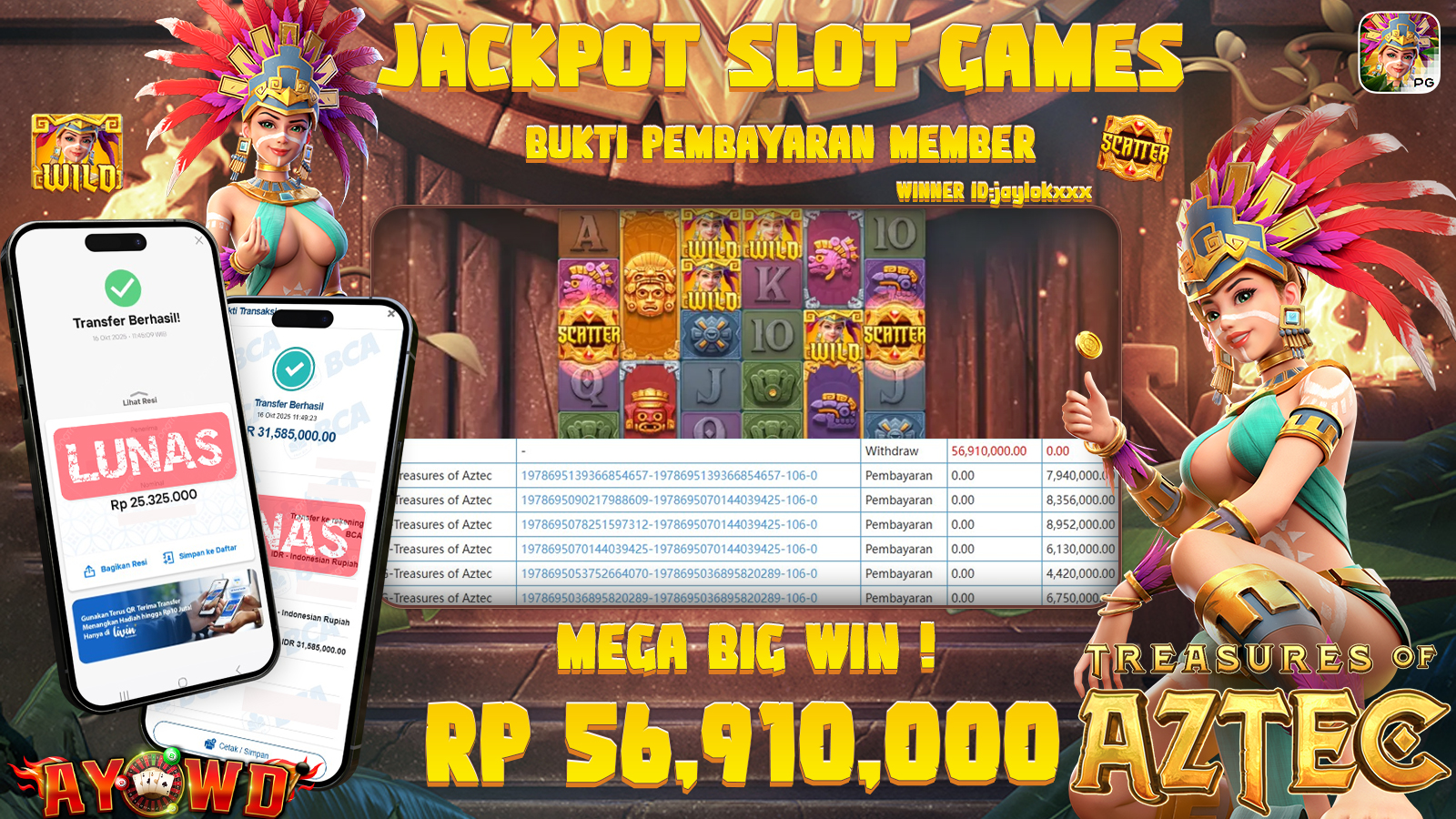 AYOWD JACKPOT SLOT GAMES PG-TREASURES OF AZTEC Rp 56,910,000,- LUNAS
